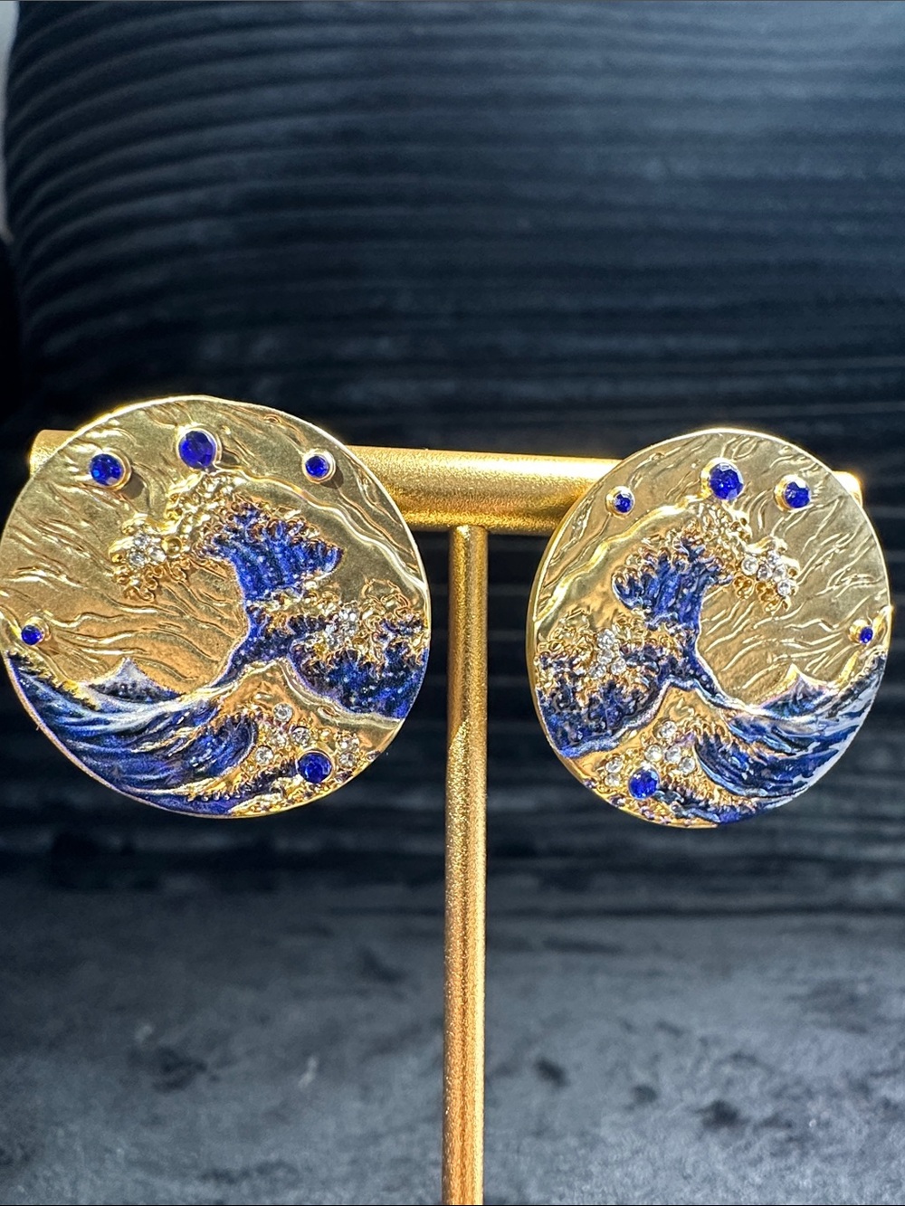 Monet Gold and Cobalt Wave Disc Earrings - Women Jewelry